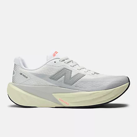 Women's New Balance FuelCell Rebel v5. Grey upper. Off White midsole. Lateral view.