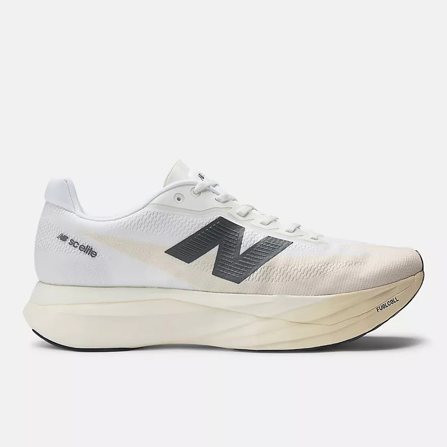 Women's New Balance FuelCell SuperComp Elite v5. White upper. Cream midsole. Lateral view.
