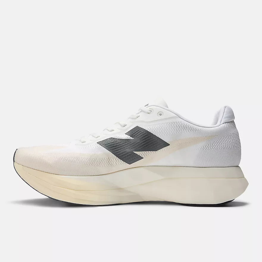 Women's New Balance FuelCell SuperComp Elite v5. White upper. Cream midsole. Medial view.