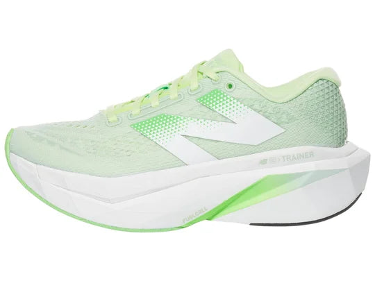Women's New Balance FuelCell SuperComp Trainer v3. Light Green upper. White midsole. Lateral view.