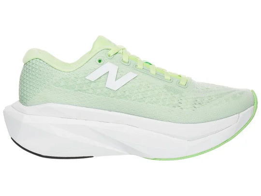 Women's New Balance FuelCell SuperComp Trainer v3. Light Green upper. White midsole. Medial view.