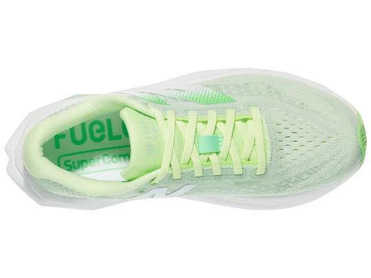 Women's New Balance FuelCell SuperComp Trainer v3. Light Green upper. White midsole. Top view.