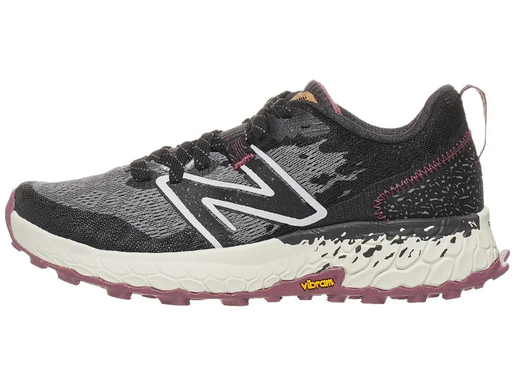 Women's New Balance Hierro v7. Black/Grey upper. Off White midsole. Lateral view.