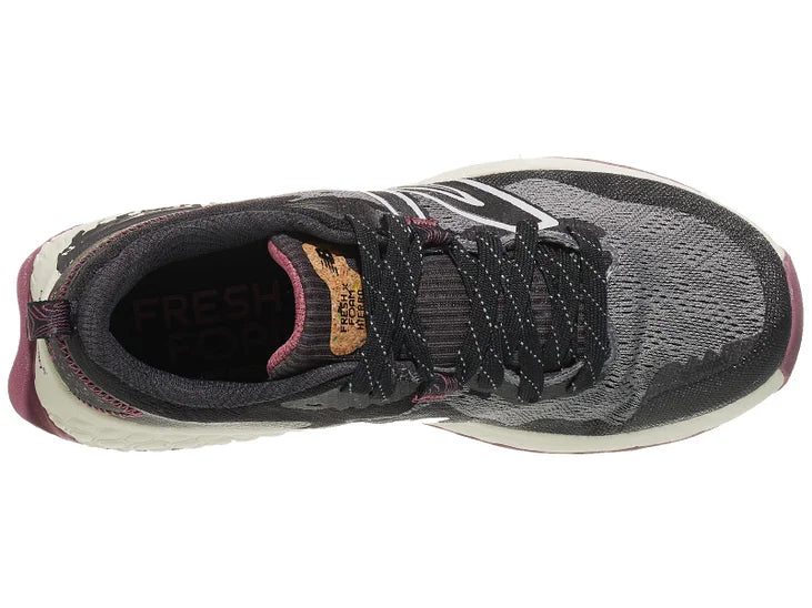 Women's New Balance Hierro v7. Black/Grey upper. Off White midsole. Top view.