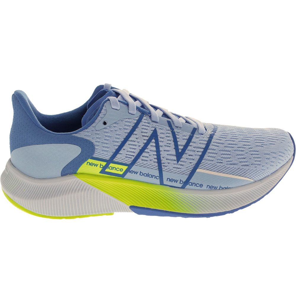 Women's New Balance Propel v2. Light blue upper. Grey midsole. Lateral view.