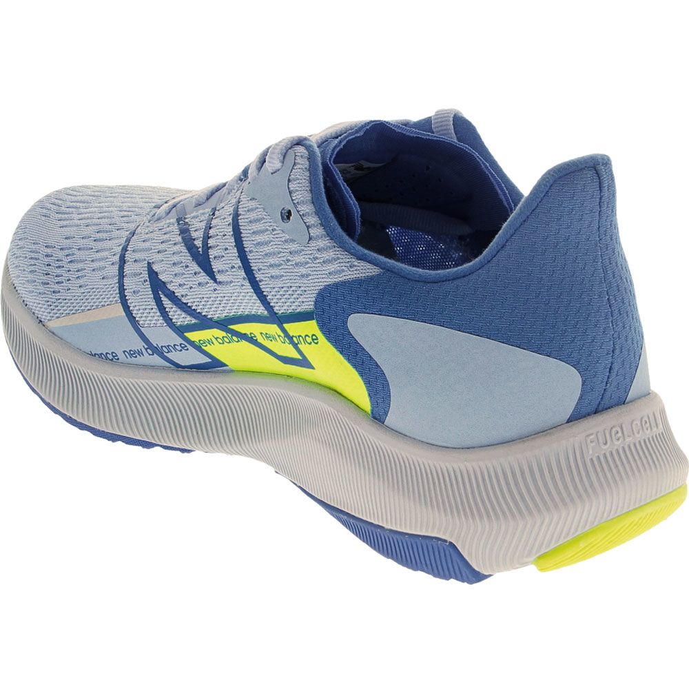 Women's New Balance Propel v2. Light blue upper. Grey midsole. Rear/Medial view.