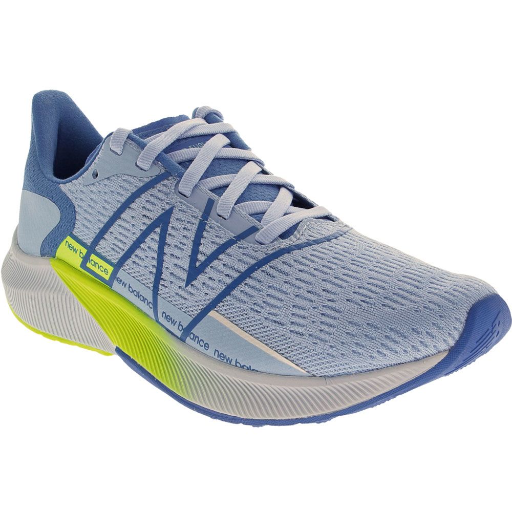 Women's New Balance Propel v2. Light blue upper. Grey midsole. Lateral view.