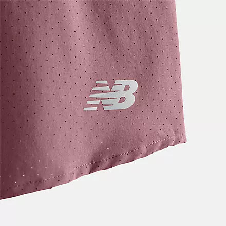 Women's New Balance RC Shorts. Dark Pink. Logo closeup.