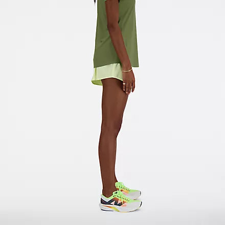 Women's New Balance RC Shorts. Light Yellow. Lateral view.
