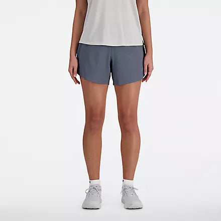 Women's New Balance RC Shorts. Dark Grey. Front view.