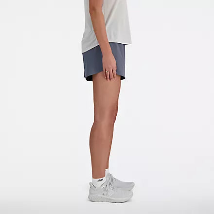 Women's New Balance RC Shorts. Dark Grey. Lateral view.