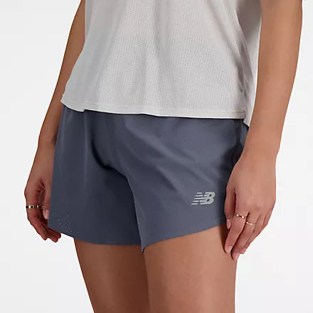 Women's New Balance RC Shorts. Dark Grey. Lateral view.