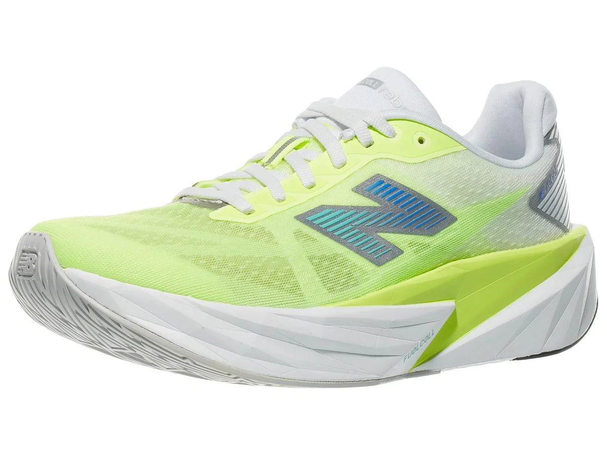Women's New Balance Rebel v5. Neon yellow upper. White and neon yellow midsole. Lateral view.