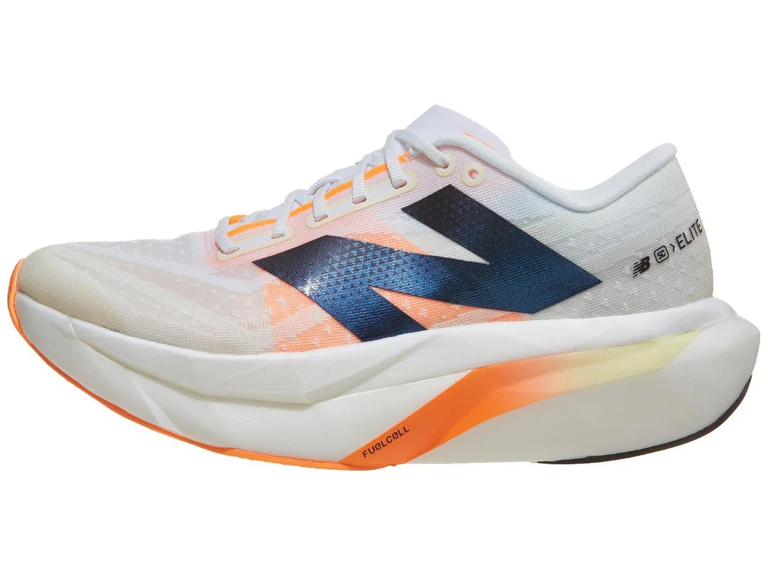 Women's New Balance SuperComp Elite v4. White upper. White and orange midsole. Lateral view.