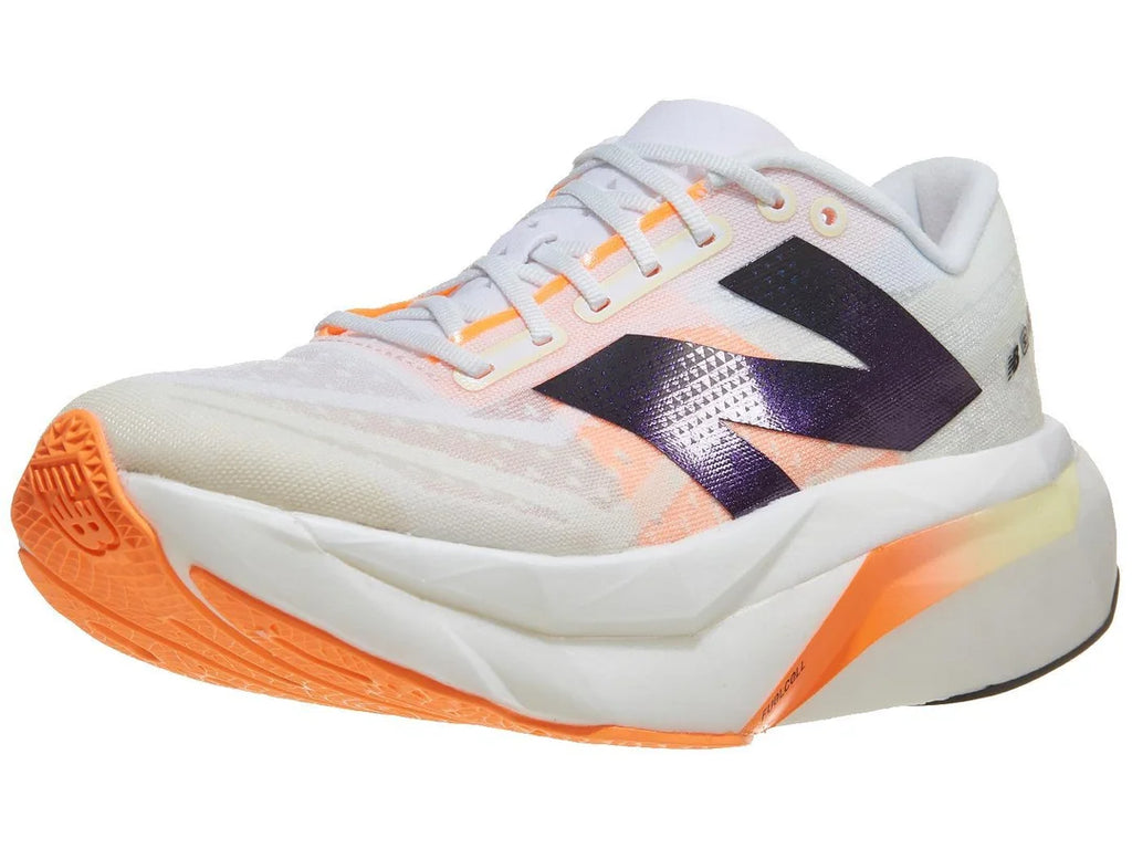 Women's New Balance SuperComp Elite v4. White upper. White and orange midsole. Lateral view.