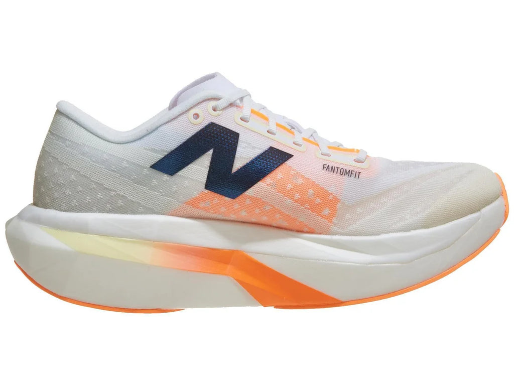 Women's New Balance SuperComp Elite v4. White upper. White and orange midsole. Medial view.