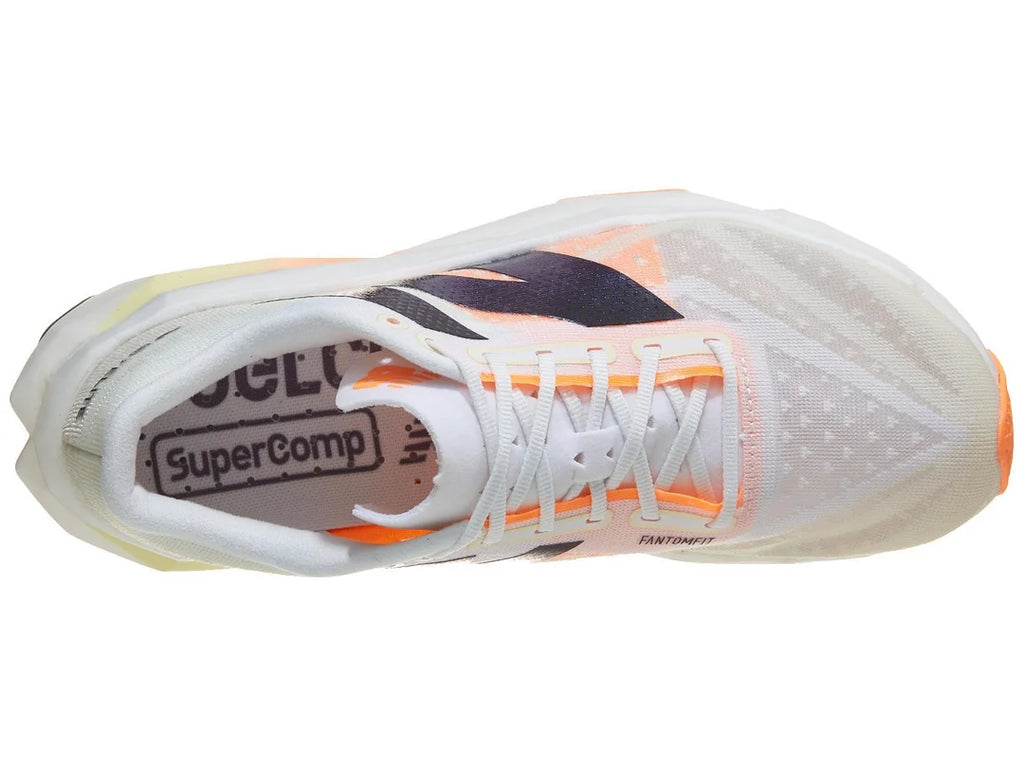 Women's New Balance SuperComp Elite v4. White upper. White and orange midsole. Top view.