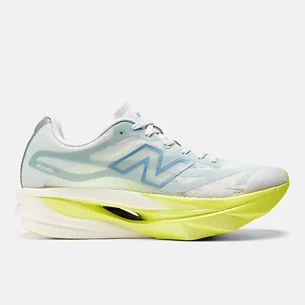 Women's New Balance SuperComp Elite v6. White upper. Yellow midsole. Lateral view.