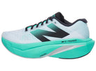 Women's New Balance FuelCell SuperComp Trainer v3. White/Cyber Jade/Silver Metallic/Deep Sea. Lateral view.