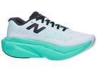 Women's New Balance FuelCell SuperComp Trainer v3. White/Cyber Jade/Silver Metallic/Deep Sea. Medial view.