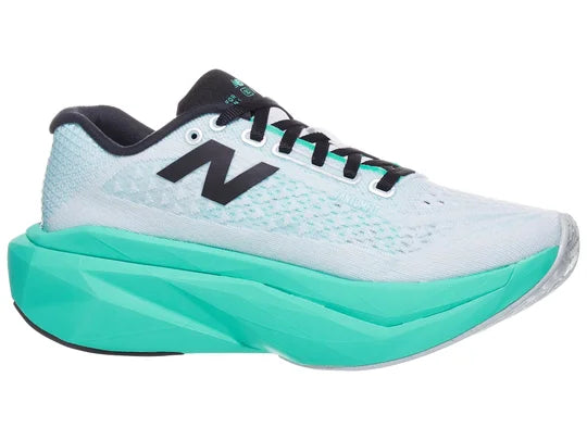 Women's New Balance FuelCell SuperComp Trainer v3. White/Cyber Jade/Silver Metallic/Deep Sea. Medial view.