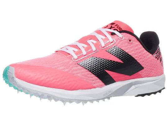 Women's New Balance FuelCell X 7 v5. Pink upper. White midsole. Lateral view.