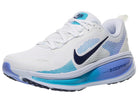 Women's Nike Vomero 18. White upper. Blue midsole. Lateral view.