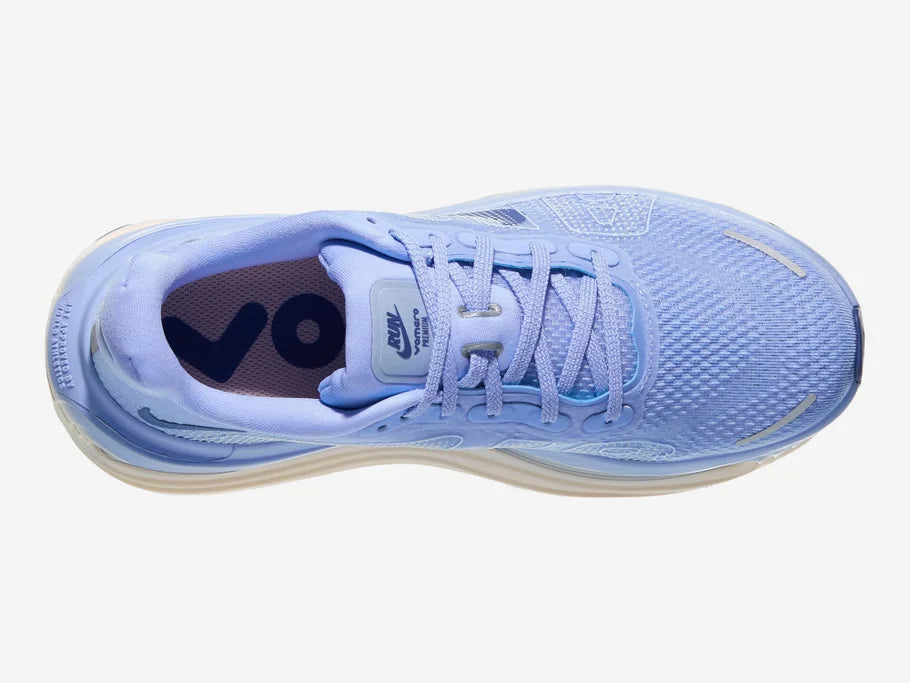 Women's Nike Vomero Premium. Blue upper. Off White midsole. Top view.