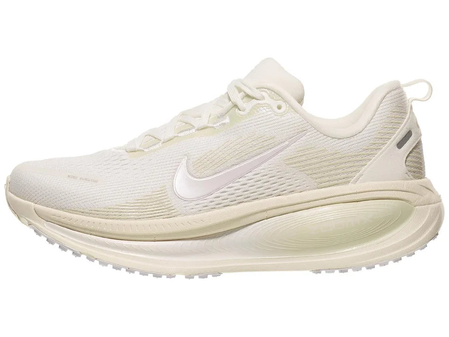 Women's Nike Vomero 18. White upper. White midsole. Lateral view.