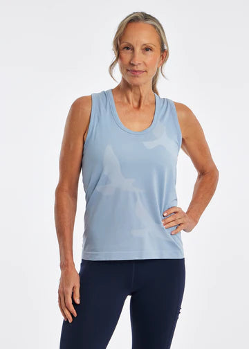 Oiselle Altitude Tank. Light Blue. Front view.
