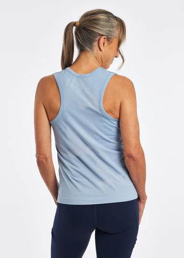Women's Oiselle Altitude Tank in Low Tide light blue, rear view.