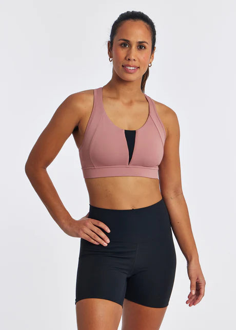 Oiselle Double Breasted Bra. Mauve. Front view.