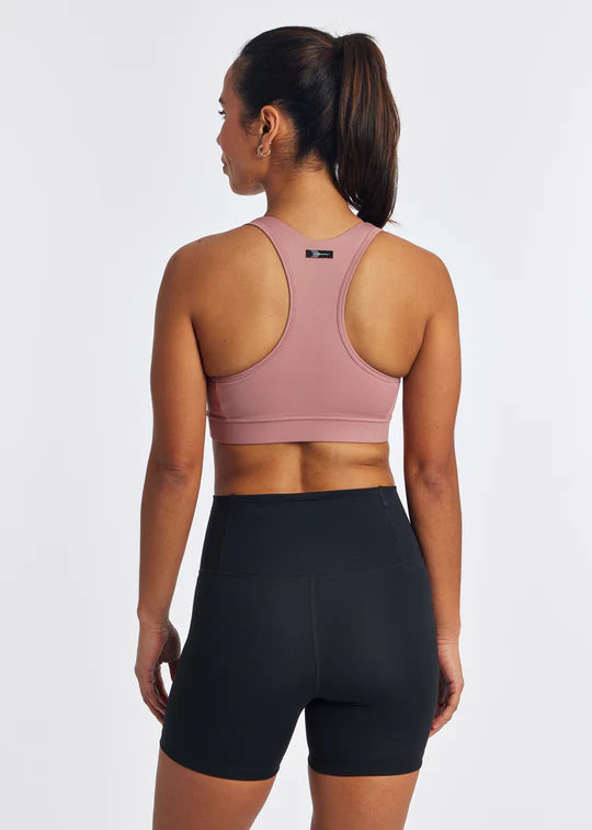 Oiselle Double Breasted Bra. Mauve. Rear view.