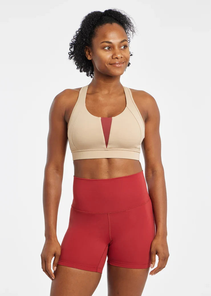 Women's Oiselle Double Breasted Bra in Taupe, front view.
