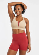 Women's Oiselle Double Breasted Bra in Taupe, front view.