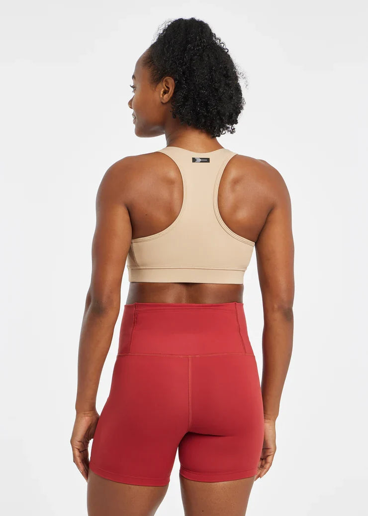 Women's Oiselle Double Breasted Bra in Taupe, rear view.