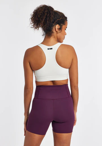 Oiselle Double Breasted Bra. White. Rear view.