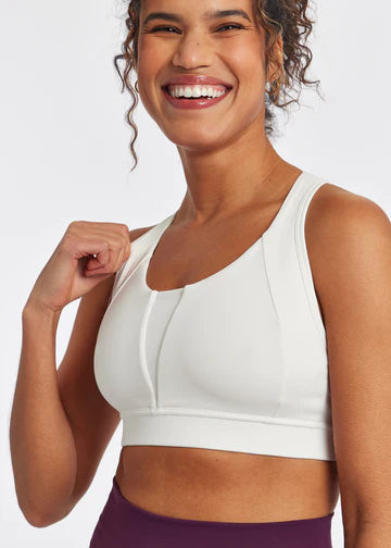 Oiselle Double Breasted Bra. White. Front view.