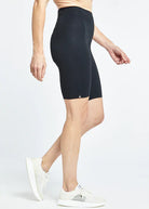 Women's Oiselle Essential Bird Long Shorts. Black. Lateral view.