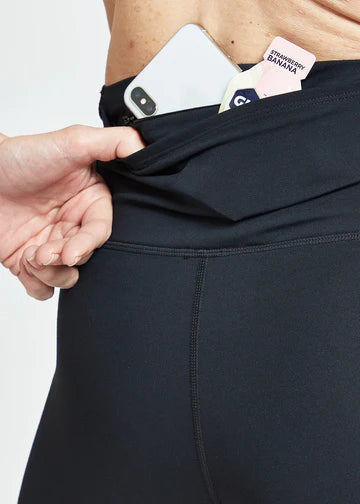 Women's Oiselle Essential Bird Long Shorts. Black. Rear pocket closeup.