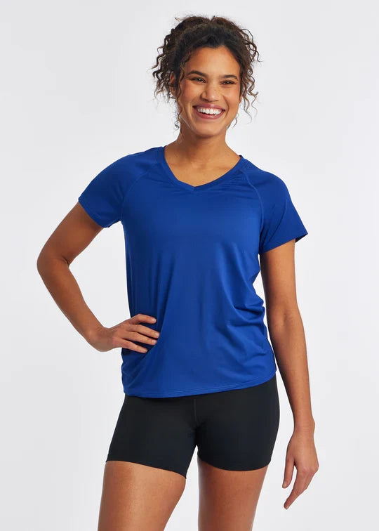 Women's Oiselle Essential Bird V-Neck Short Sleeve in Deep Blue, front view.