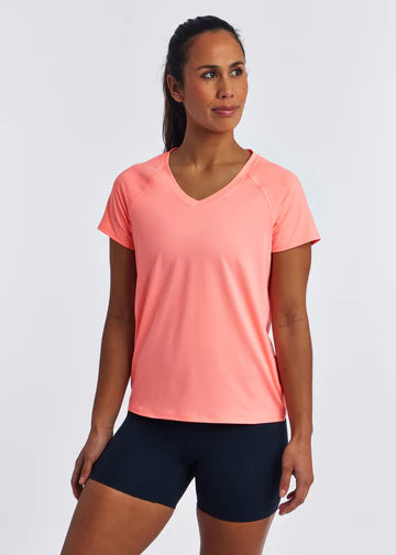 Women's Oiselle Essential Bird V Neck Short Sleeve. Pink. Front view.