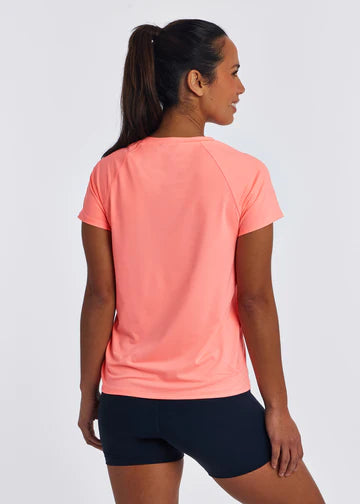 Women's Oiselle Essential Bird V Neck Short Sleeve. Pink. Rear view.