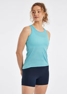 Oiselle Flyout Racerback Tank. Light Blue. Front view.