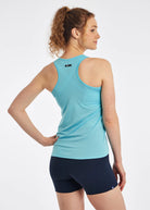 Oiselle Flyout Racerback Tank. Light Blue. Rear view.