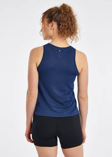 Women's Oiselle Flyout Trail Tank. Dark Blue. Rear view.