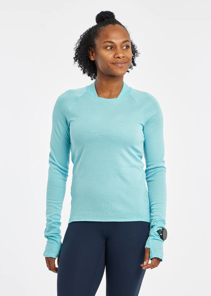 Women's Oiselle Flyout Wool Long Sleeve. Light Blue. Front view.