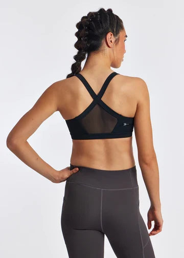 Women's Oiselle Hi Twenty Bra in Black, rear view