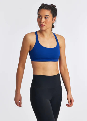 Oiselle High Twenty Bra. Blue. Front view.