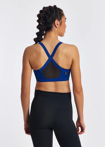 Oiselle High Twenty Bra. Blue. Rear view.